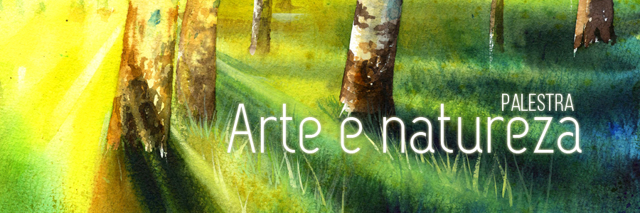   Fotografia de uma grama com troncos de coqueiros retratados pela metade. Ao centro, os dizeres em letras brancas: "Palestra Arte e Natureza".